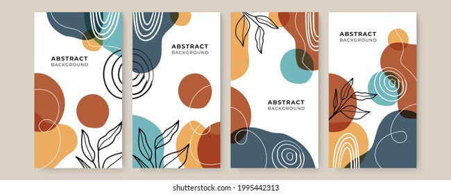 Vector set of colorful social media post and stories design templates, backgrounds with copy space for text. Summer background with leaves and waves. Universal creative organic boho background