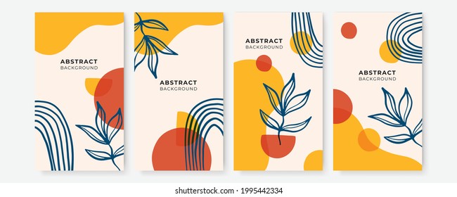 Vector set of colorful social media post and stories design templates, backgrounds with copy space for text. Summer background with leaves and waves. Universal creative organic boho background