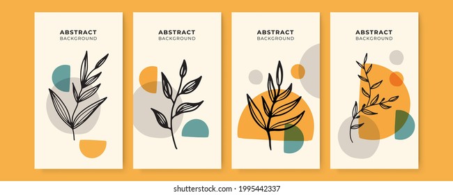 Conjunto de vectores de coloridas publicaciones en medios sociales y plantillas de diseño de historias, fondos con espacio para copiar texto. Fondo de verano con hojas y olas. Fondo universal de boho orgánico creativo