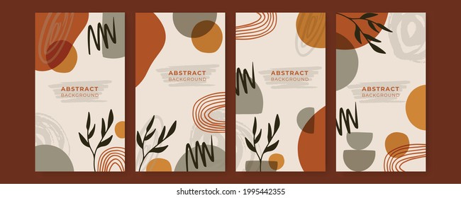 Vector set of colorful social media post and stories design templates, backgrounds with copy space for text. Summer background with leaves and waves. Universal creative organic boho background