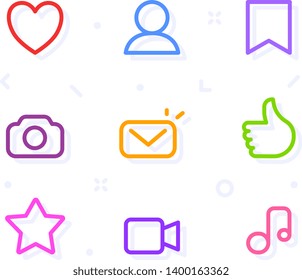 Vector Set Of Colorful Socila Media Icon On White Color Background. Line Art Style Design For App Interface, Web, Site, Banner, Network