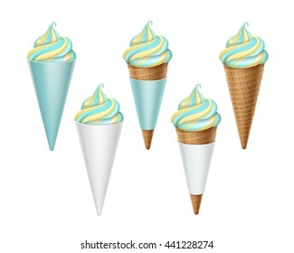 Vector set of Colorful Soft Serve Ice Cream Waffle Cone in Light Blue White Carton Wrapper Close up Isolated on White Background