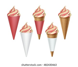 Vector set of Colorful Soft Serve Ice Cream Waffle Cone in Pink White Carton Wrapper Close up Isolated on White Background