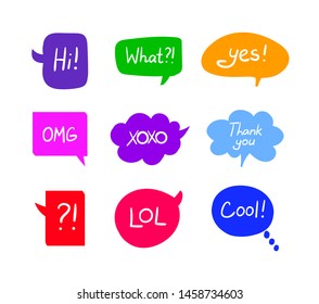 Vector Set of Colorful Speech Bubbles with Handwritten Words Isolated on White Background, Design Elements Collection, Different Colors and Shapes.