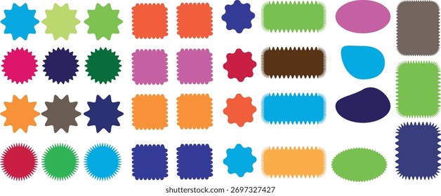 Conjunto de Vector de salpicaduras de colores. Formas geométricas irregulares de Vector. Conjunto de pegatinas ovaladas y circulares. Elementos Abstractas para el marco, sello, Plantilla, diseño promocional, Diseño web