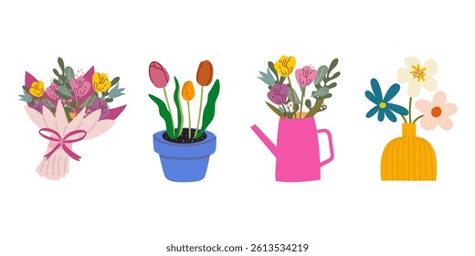 Vector set of colorful spring flowers in vases and pots. Flower gifts for Mothers Day, birthday, womens day and other holidays. Cute cartoon abstract wildflowers, tulips, daisies
