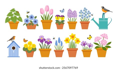 Vector set of colorful spring garden flowers in pots, birds, bees, butterflies, watering can and bird house isolated on white background.