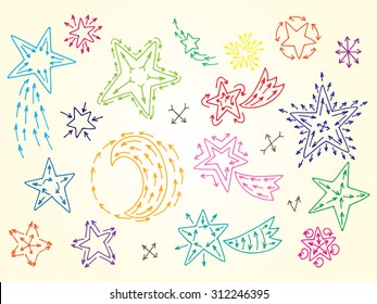 Vector Set of Colorful Stars and Comets  - hand drawn doodle illustrations