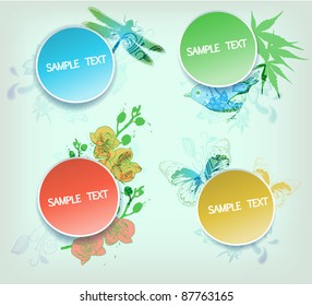 vector set of colorful stickers with flowers,butterflies and a bird