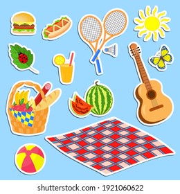 Vector set of colorful colorful stickers on the theme of a picnic in the summer in nature: a basket with food, a ball, a guitar, badminton, etc., for design and decoration