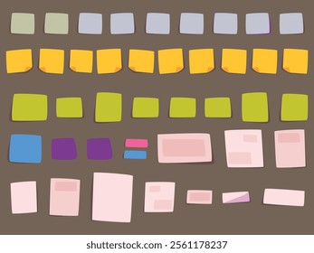 Vector set of colorful sticky message papers, perfect for reminders, memos, and notes. Includes various shapes and designs, ideal for planners, presentations, and creative projects.