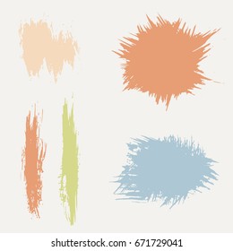 Vector set of colorful strokes. Grunge isolated elements. Smoke brushes for your design. Freehand. Ink splash. Vector illustration.