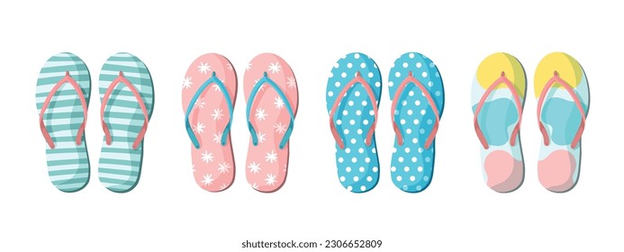 Vector ambientado con coloridas chanclas de verano para diseños de vacaciones en la playa. Flip flops aislado sobre fondo blanco. Equipo de verano para zapatillas