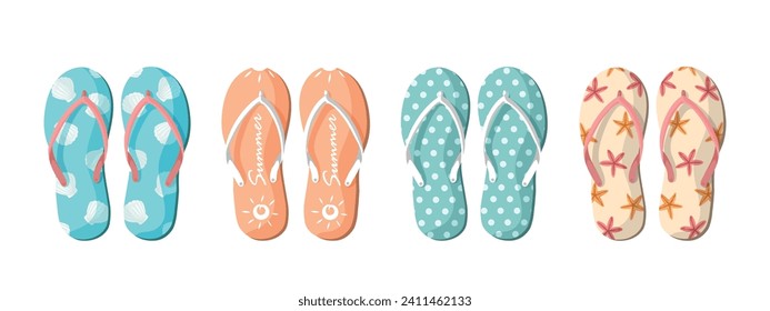 Vector set with colorful summer flip flops for beach holiday designs. Flip flops set isolated on white background. Slippers summer set