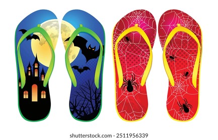 Conjunto de Vector con chanclas de verano coloridas con sandalias de playa de diseño de Imagen de Halloween.