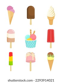 Vector set of colorful summer ice cream illustrations in flat style.