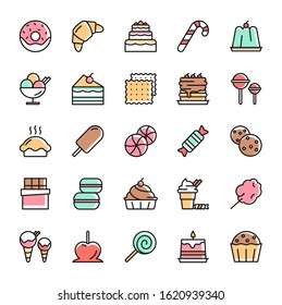 Vector set of colorful sweet dessert line icons for web, apps, bakery, cafe logos and pictogram. Cookies, Cupcake, Biscuit, Cake, Ice cream, Candy isolated on white background. Confectionery icons