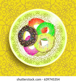 Vector Set of Colorful Sweet Donuts on White Ornamental Plate
