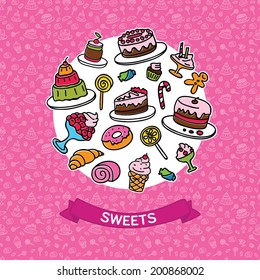 Vector set colorful sweets on white circle. With seamless sweets. 