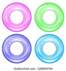 Vector Set of Colorful Swim Rings Isolated on White Background. Inflatable Rubber Toys. Summer Colored Lifebuoy Set. Realistic Ring for Water Game. Symbol of Summer Vacation or Trip Safety.