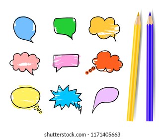 Vector Set of Colorful Talk Bubbles with Realistic Yellow and Blue Pencils Isolated on White Background.