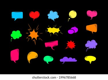 Vector set of colorful talk bubbles isoalted on black background, cartoon comic style bright design elements.