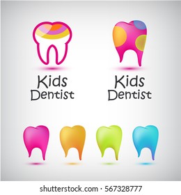 Vector set of colorful teeth logos. Kids dentist, dental medical icons isolated