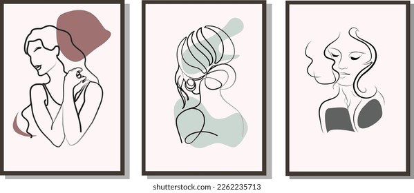 Conjunto vectorial de plantillas coloridas, fondo diseño minimalista de marco de pared con diseños abstractos de caras de niñas.