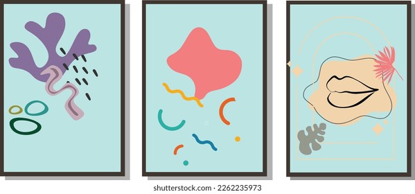 Conjunto vectorial de plantillas coloridas, fondo diseño minimalista de marco de pared con formas abstractas.