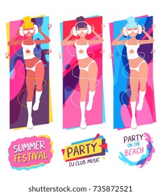 Vector set of colorful templates with illustration of fashion beautiful girl in full growth in a swimsuit, with headphones and sunglasses on bright waves background and logo. Flat style party design