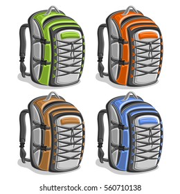 Vector set colorful touristic Backpacks, green simple travel back bag with handle, orange hiking big rucksack with laces, brown large sports backpack for tourism, blue school bag with straps for trip
