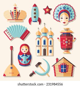 Vector set of colorful traditional culture russian icons in flat style