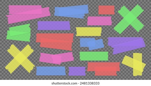 Vector set of colorful transparent adhesive tape. Duct tape strip. Torn pieces of masking tape isolated on transparent background. 