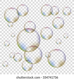 Vector Set of Colorful Transparent Foam Bubbles Isolated on Checkered Background