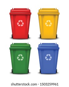 Vector set of colorful trash bins with recycle symbol isolated on white background