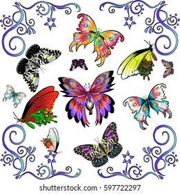Vector set of colorful tropical butterflies