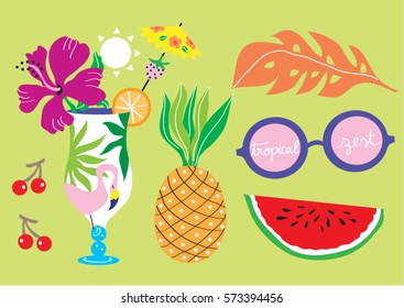 Vector set in colorful tropical theme. Bright cute elements for summer party and holiday. Fun graphics for cards, brochure, advertisement.