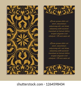 Vector set of colorful vertical banners for business and invitation. Spanish, Moroccan; Arabic; asian mosaic ornaments in golden color. Geometric and floral motifs