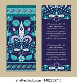 Vector set of colorful vertical banners for business and invitation. Ethnic indian kalamkari ornament. Floral paisley decorative pattern. Ornamental folk design in oriental style