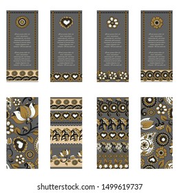 Vector set of colorful vertical banners for business and invitation. Ethnic indian kalamkari ornament. Floral paisley decorative pattern. Ornamental folk design in oriental style