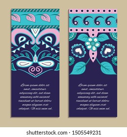 Vector set of colorful vertical banners for business and invitation. Ethnic indian kalamkari ornament. Floral paisley decorative pattern. Ornamental folk design in oriental style