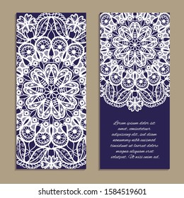 Vector set of colorful vertical banners for business and invitation. Ethnic indian round ornament. Imitation of needlework design. Decorative floral pattern. Ornamental folk design in oriental style