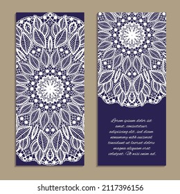 Vector set of colorful vertical banners for business and invitation. Ethnic indian round ornament. Imitation of needlework design. Decorative floral pattern. Ornamental folk design in oriental style