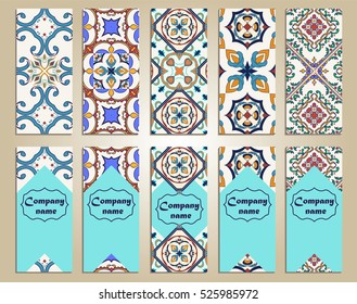 Vector set of colorful vertical banners for business and invitation. Portuguese, Azulejo, Moroccan; Arabic; asian ornaments. Geometric and floral motifs