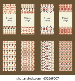 Vector set of colorful vertical banners for business and invitation. Ethnic tribal ornaments. Boho style. Geometric stripes motifs