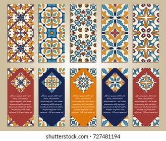 Vector set of colorful vertical banners for business and invitation. Portuguese, Azulejo, Moroccan; Arabic; asian ornaments. Geometric and floral motifs