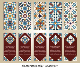 Vector set of colorful vertical banners for business and invitation. Portuguese, Azulejo, Moroccan; Arabic; asian ornaments. Geometric and floral motifs