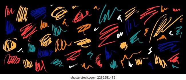 Vector set of colorful vivid expressive artistic grungy hand drawn lines, smears, scribbles, waves, brush strokes. Bright hand-painted elements for your graphic design