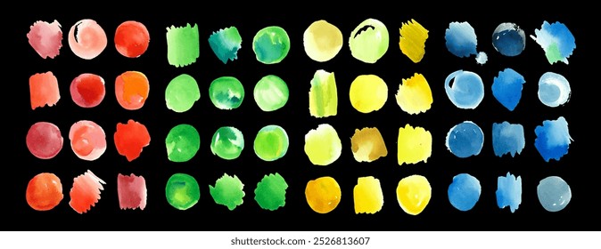 Vector set of colorful watercolor spots on black background. Hand painted watercolor yellow, red, green, blue color washes. Texture background collection. Hand-drawn artistic illustration