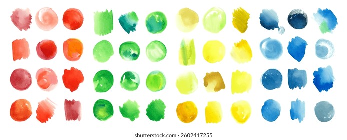 Vector set of colorful watercolor spots. Hand painted watercolor yellow, red, green, blue color washes. Texture background collection. Vector EPS 10 hand drawn artistic illustration
